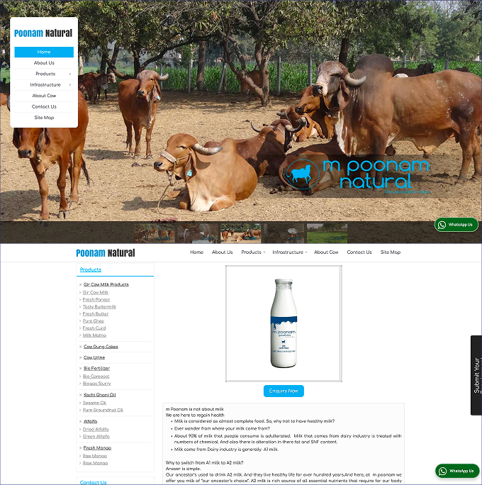 Punam Natural website showing the farm and product pages