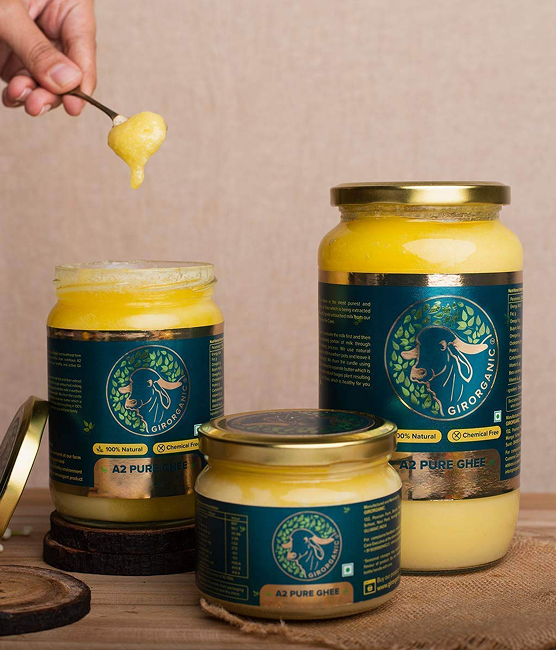 Gir Organic ghee jars showcasing the brand identity and packaging